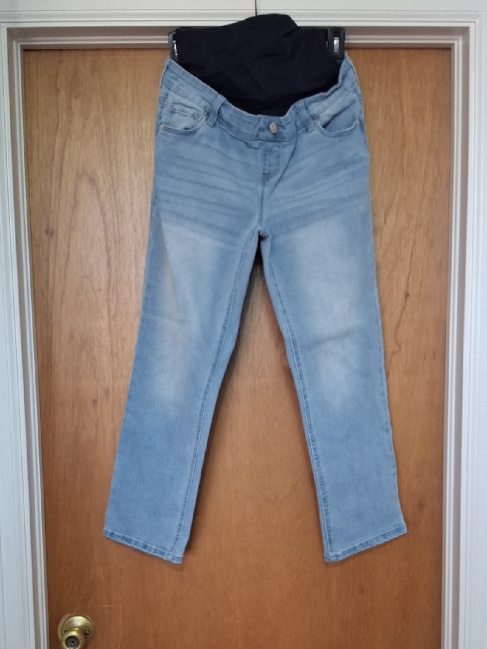 Time and Tru Light Blue Straight Leg Maternity Jeans with Navy Belly Panel